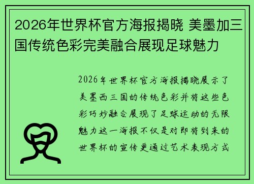 2026年世界杯官方海报揭晓 美墨加三国传统色彩完美融合展现足球魅力 2026年世界杯官方海报揭晓 美墨加三国传统色彩完美融合展现足球魅力