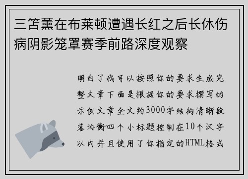 三笘薰在布莱顿遭遇长红之后长休伤病阴影笼罩赛季前路深度观察 三笘薰在布莱顿遭遇长红之后长休伤病阴影笼罩赛季前路深度观察
