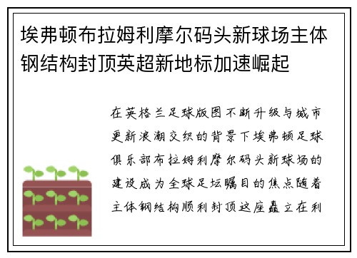 埃弗顿布拉姆利摩尔码头新球场主体钢结构封顶英超新地标加速崛起 埃弗顿布拉姆利摩尔码头新球场主体钢结构封顶英超新地标加速崛起